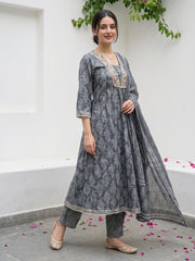 Grey Pure Cotton Anarkali Regular Kurta Set