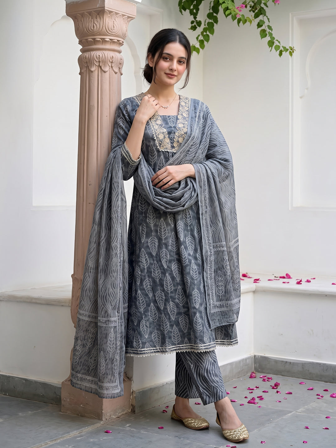 Grey Pure Cotton Anarkali Regular Kurta Set