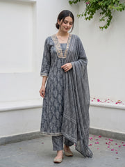 Grey Pure Cotton Anarkali Regular Kurta Set
