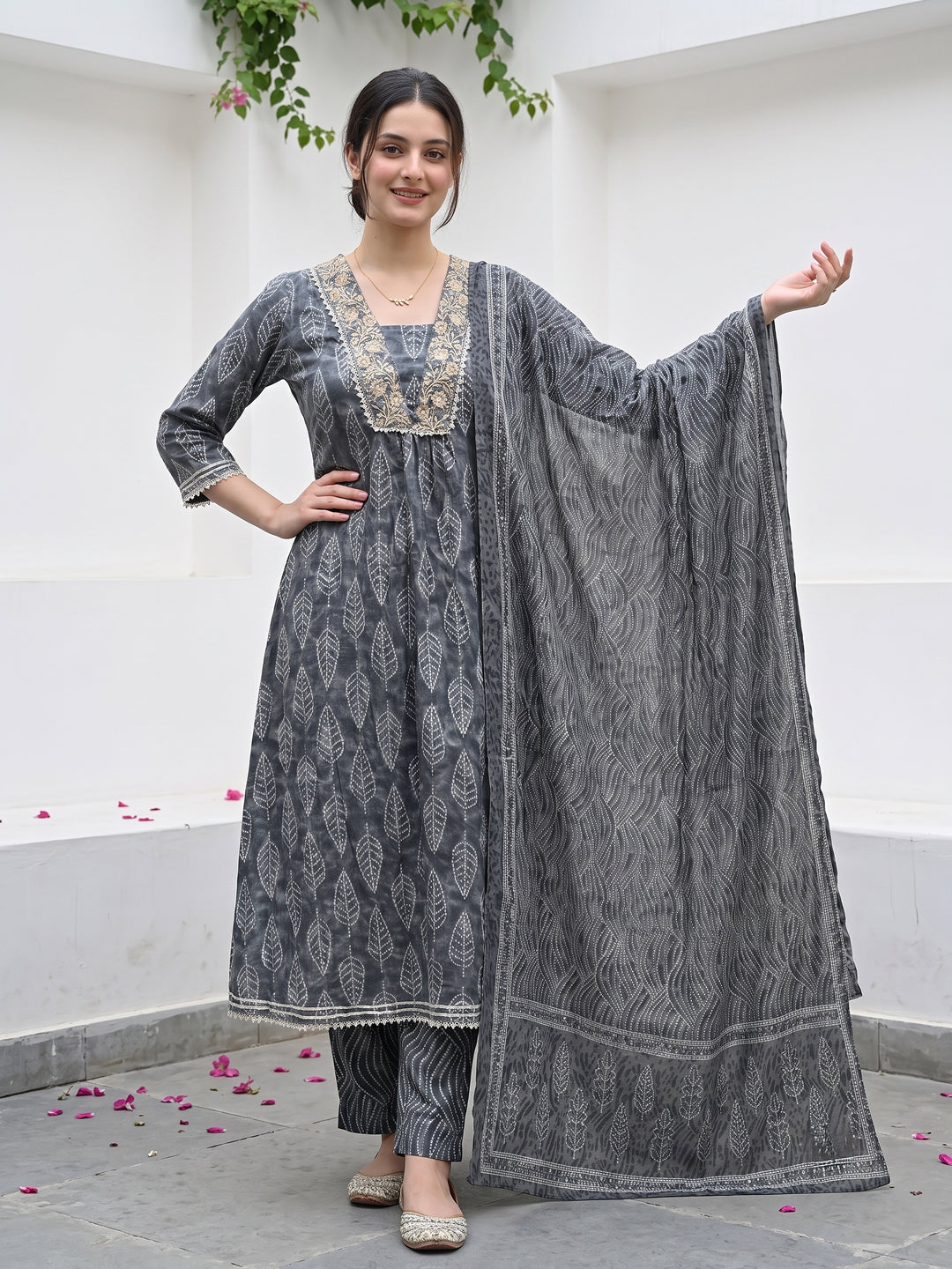 Grey Pure Cotton Anarkali Regular Kurta Set