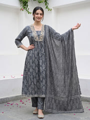 Grey Pure Cotton Anarkali Regular Kurta Set