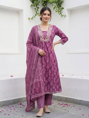 Mauve Pure Cotton Anarkali Regular Kurta Set
