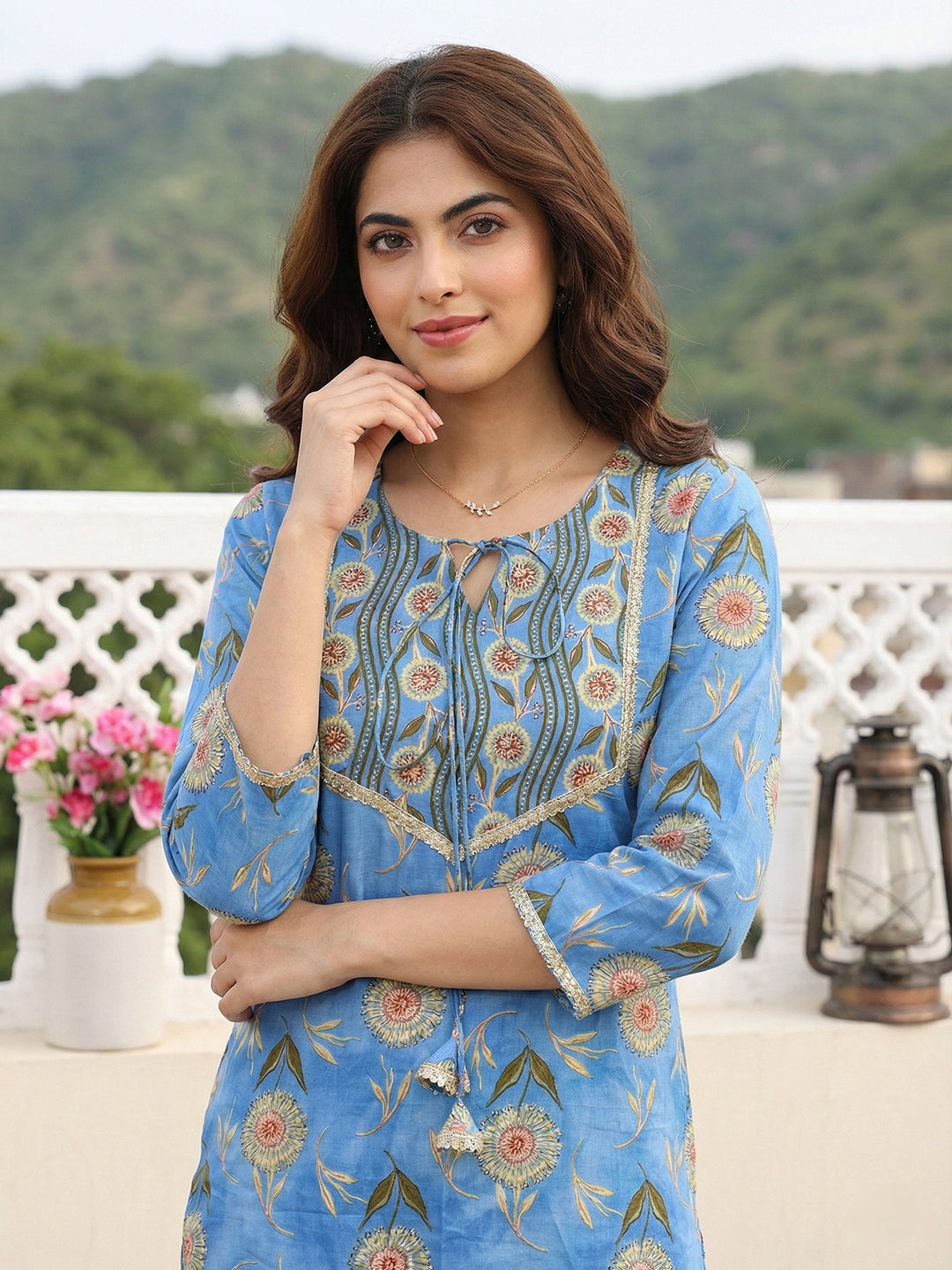 Jaitpuriya Blue Pure Cotton Straight Regular Kurta Set
