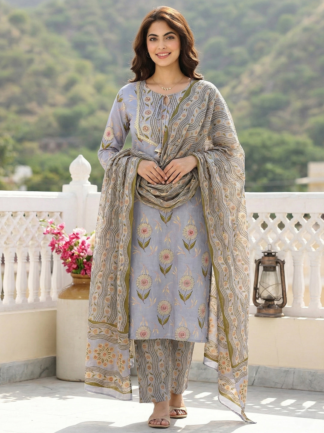 Jaitpuriya Grey Pure Cotton Straight Regular Kurta Set