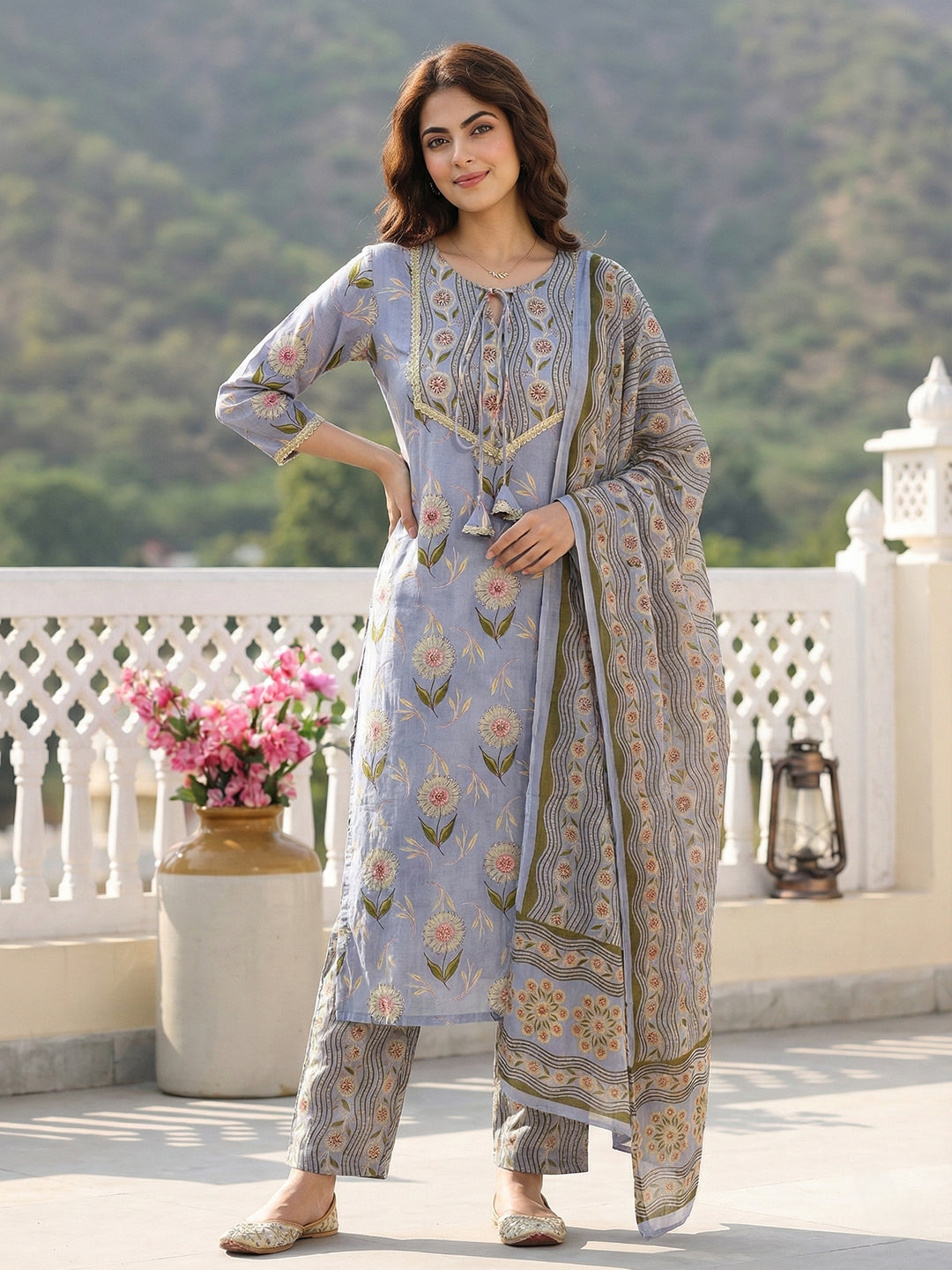 Jaitpuriya Grey Pure Cotton Straight Regular Kurta Set