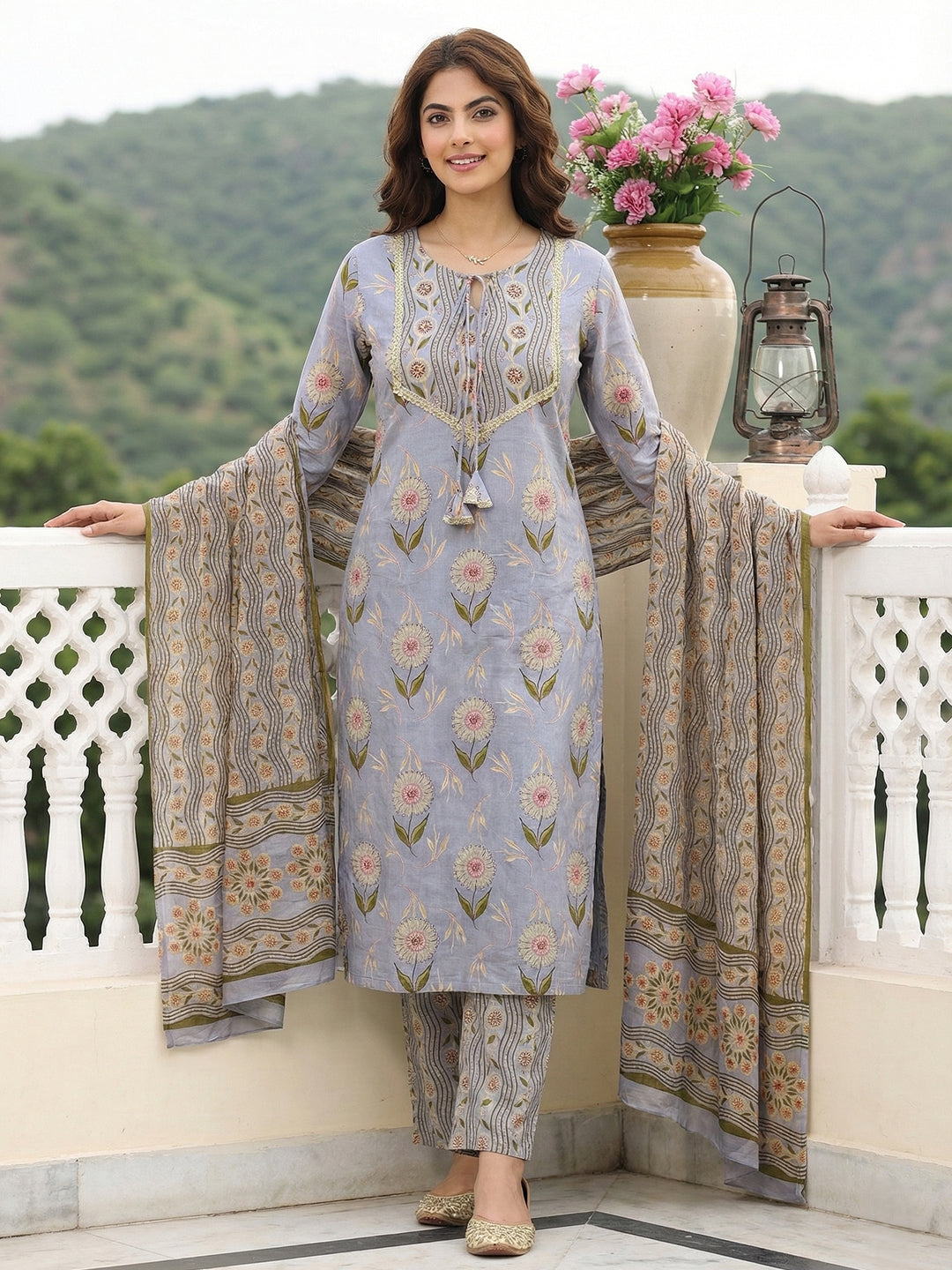 Jaitpuriya Grey Pure Cotton Straight Regular Kurta Set
