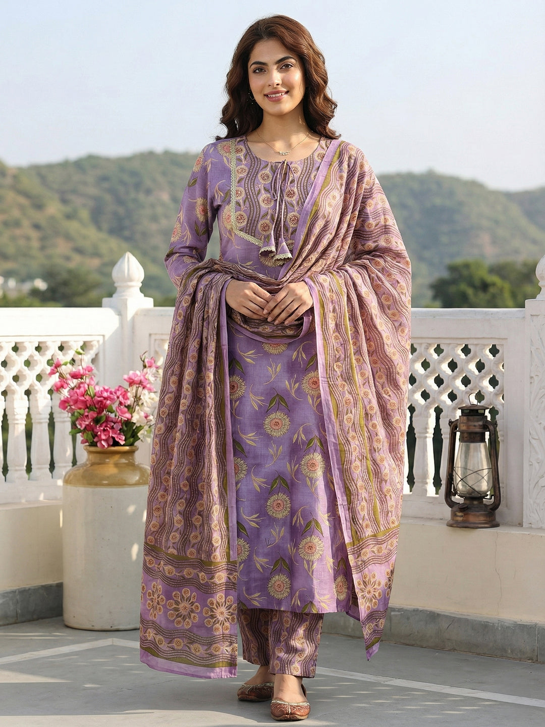 Jaitpuriya Mauve Pure Cotton Straight Regular Kurta Set