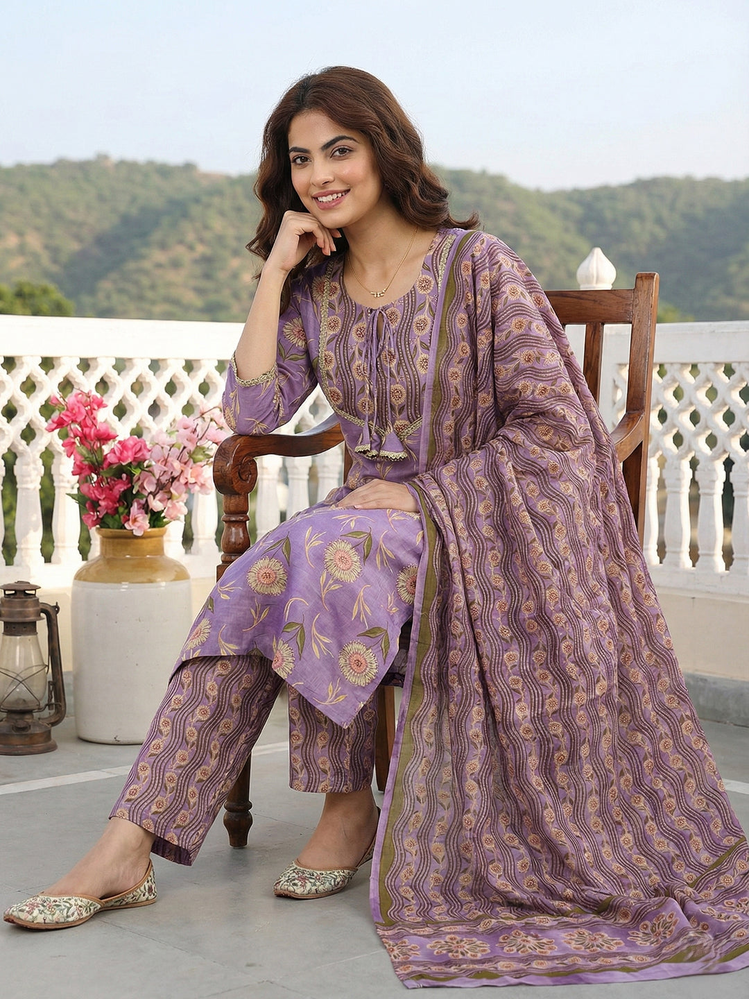 Jaitpuriya Mauve Pure Cotton Straight Regular Kurta Set