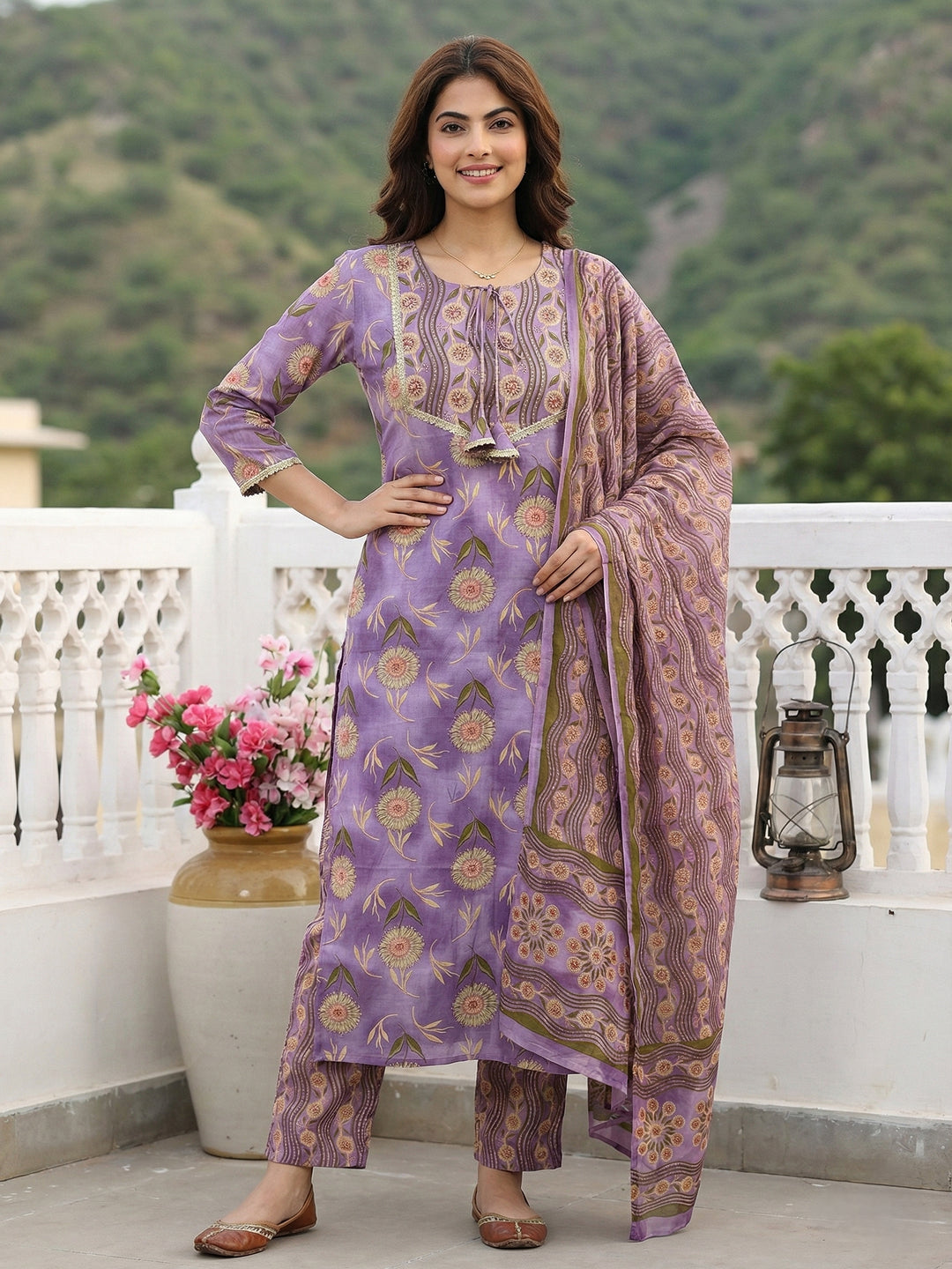 Jaitpuriya Mauve Pure Cotton Straight Regular Kurta Set