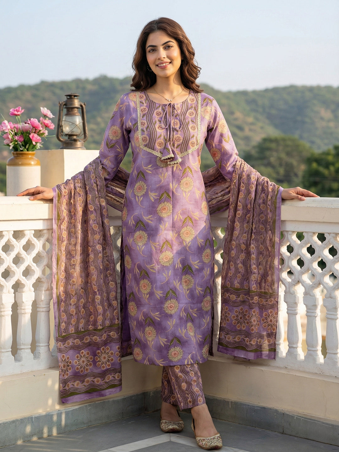 Jaitpuriya Mauve Pure Cotton Straight Regular Kurta Set