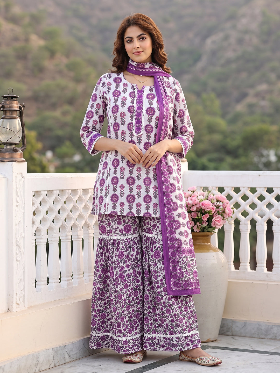 Purple and white Pure Cotton Straight Regular Kurta Set