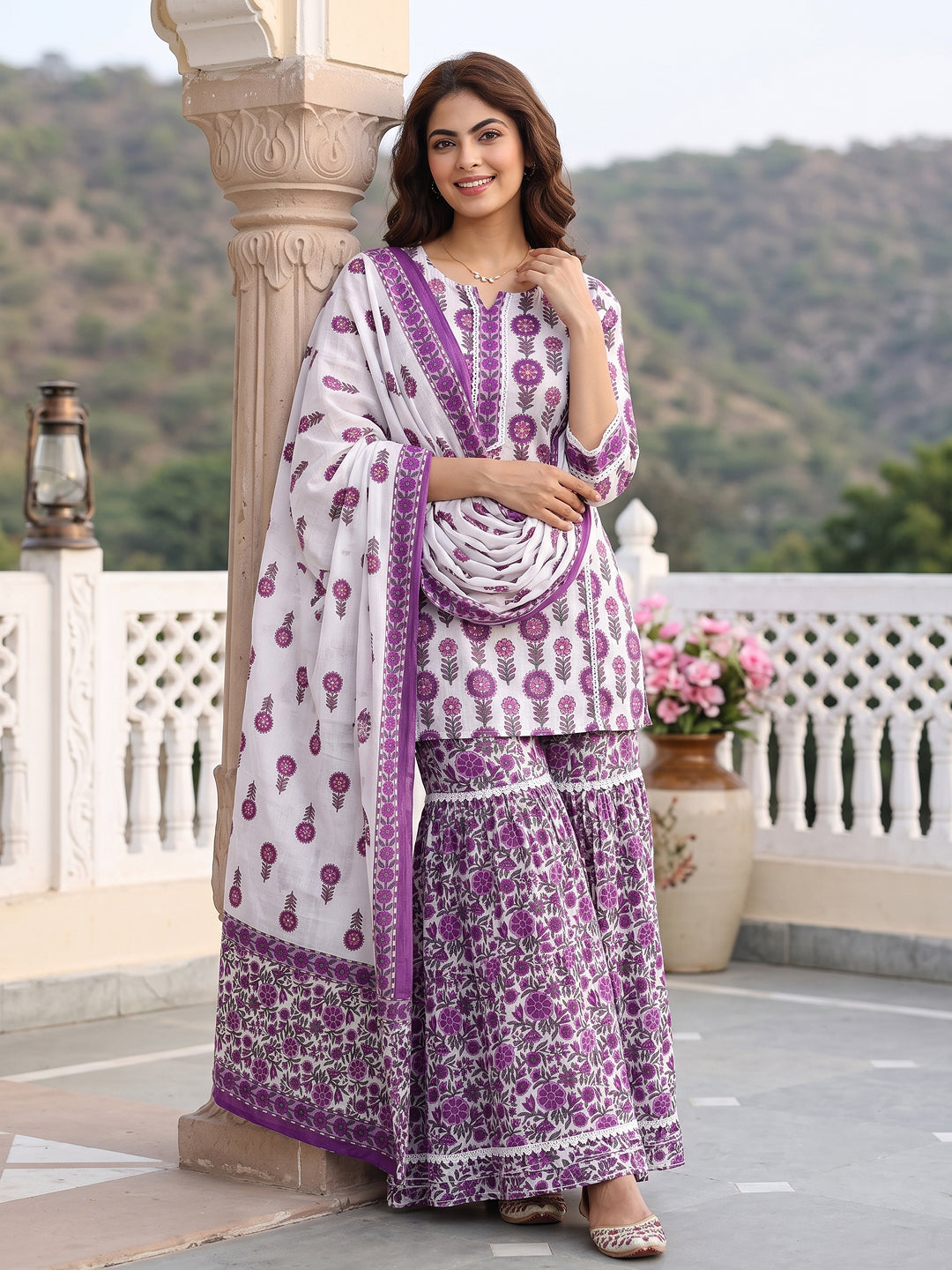 Purple and white Pure Cotton Straight Regular Kurta Set