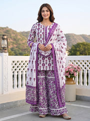 Purple and white Pure Cotton Straight Regular Kurta Set