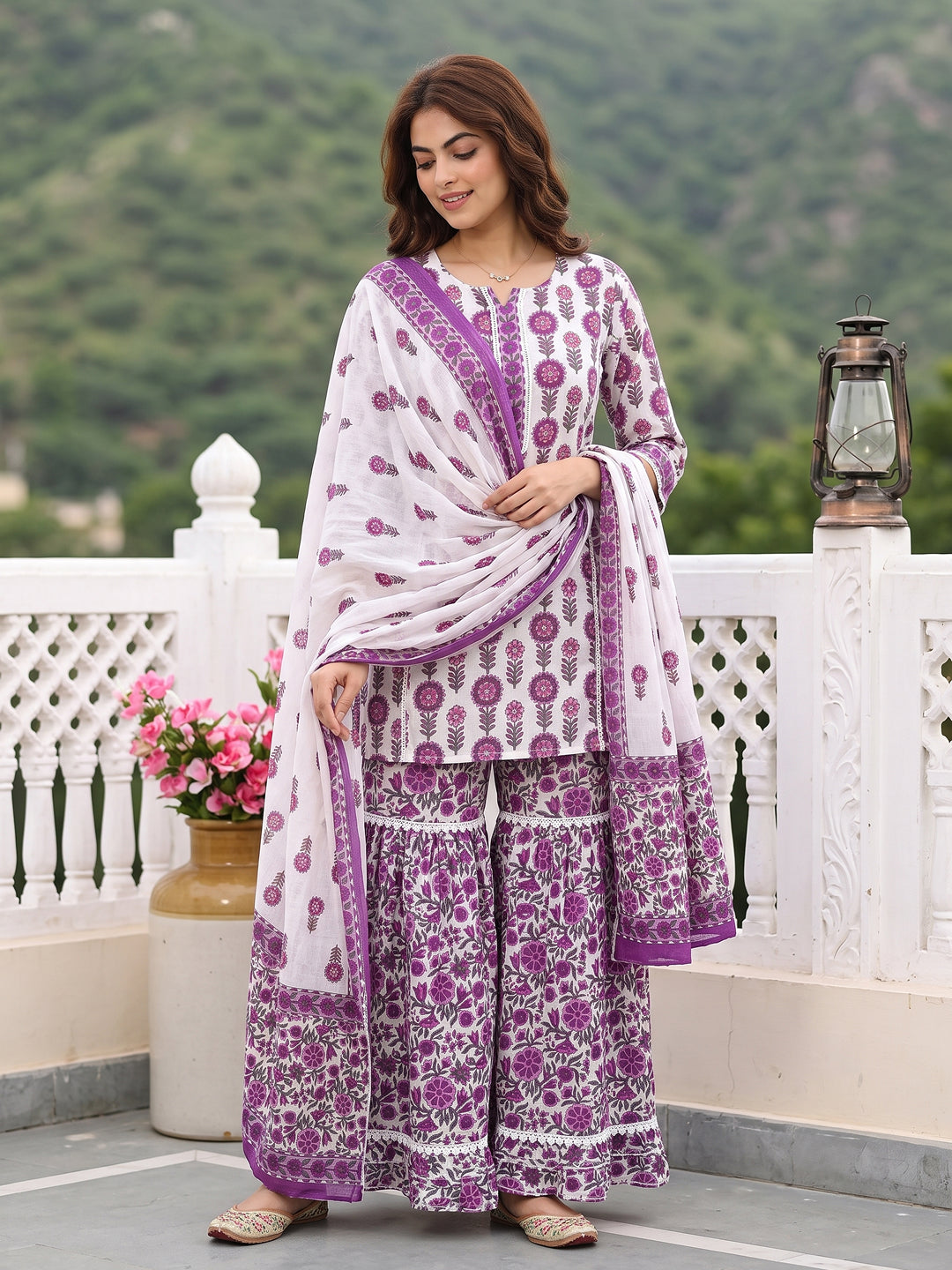 Purple and white Pure Cotton Straight Regular Kurta Set