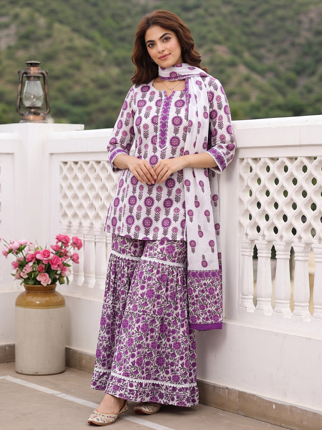 Purple and white Pure Cotton Straight Regular Kurta Set