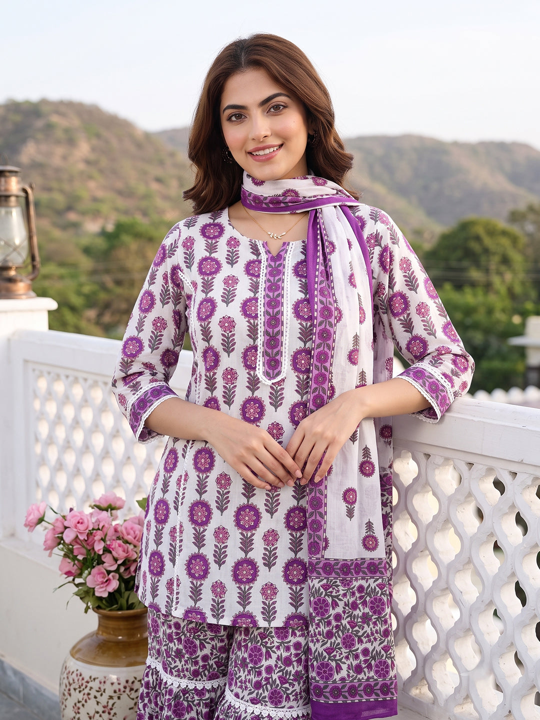 Purple and white Pure Cotton Straight Regular Kurta Set