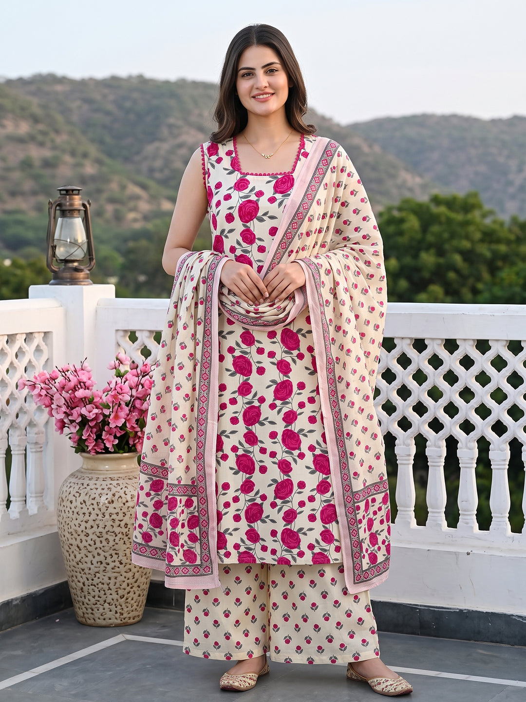 Pink And White Pure Cotton Straight Regular Kurta Set