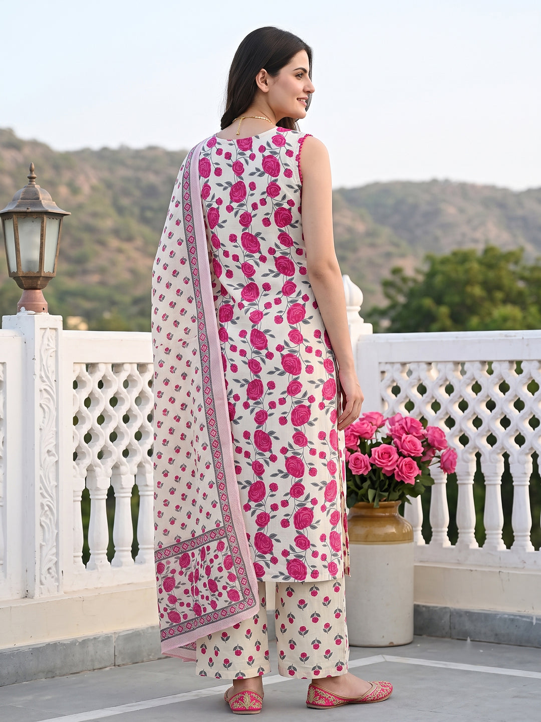 Pink And White Pure Cotton Straight Regular Kurta Set
