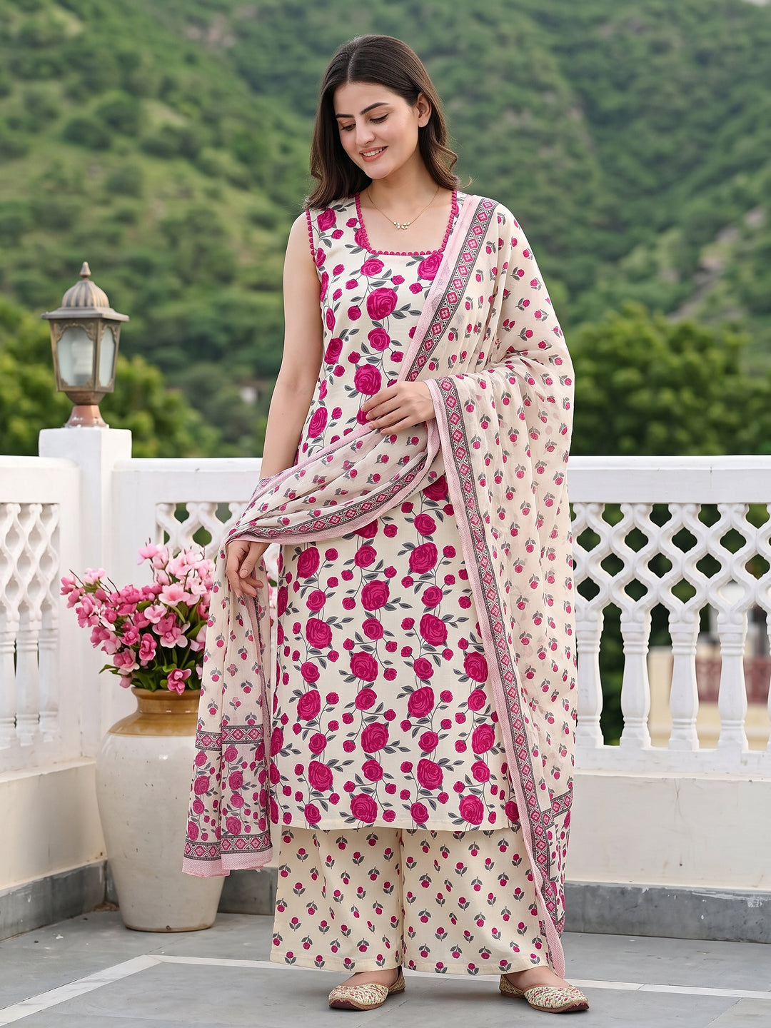 Pink And White Pure Cotton Straight Regular Kurta Set