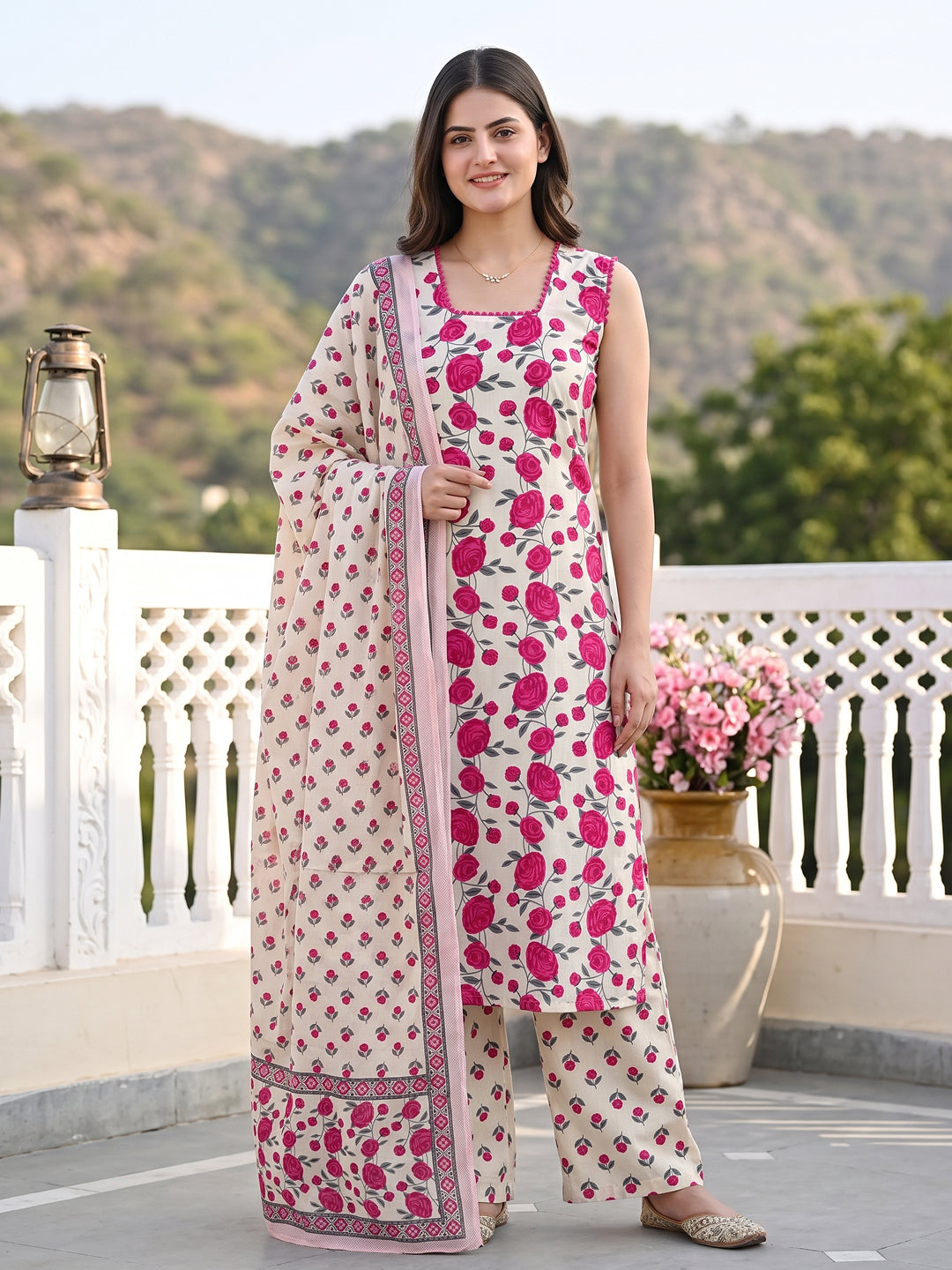 Pink And White Pure Cotton Straight Regular Kurta Set
