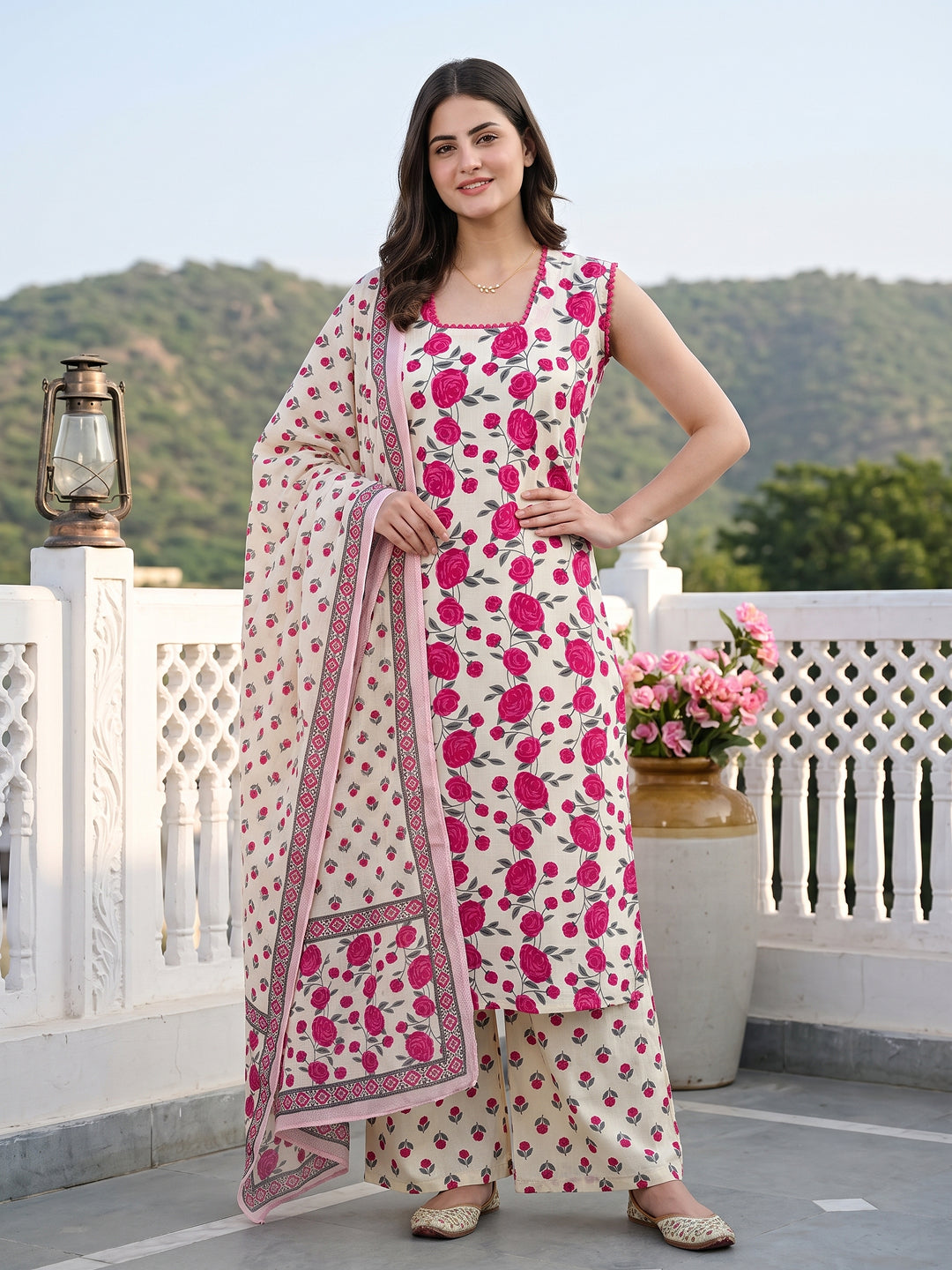 Pink And White Pure Cotton Straight Regular Kurta Set
