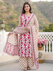 Pink And White Pure Cotton Straight Regular Kurta Set