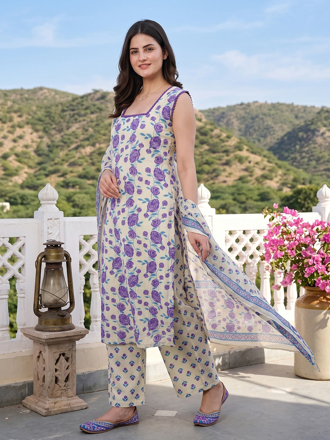 Purple And White Pure Cotton Straight Regular Kurta Set