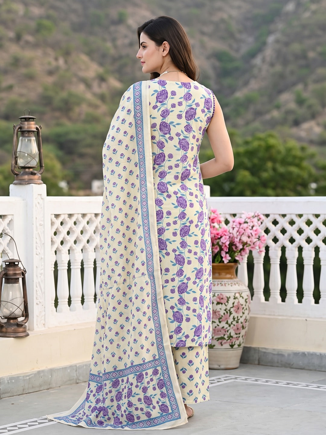 Purple And White Pure Cotton Straight Regular Kurta Set
