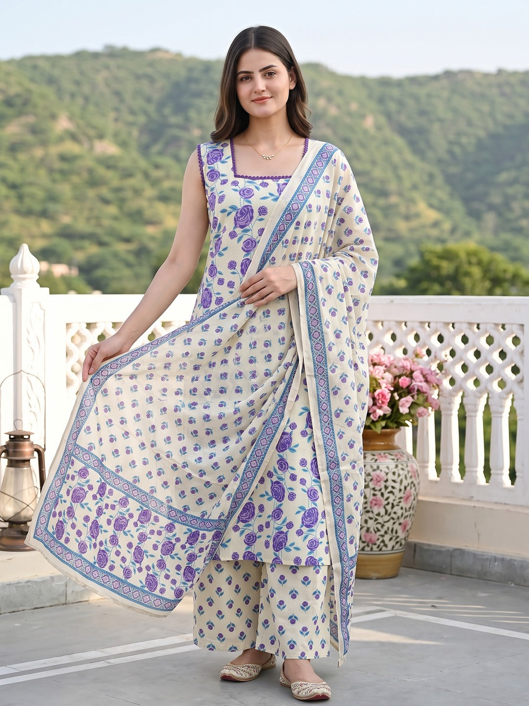 Purple And White Pure Cotton Straight Regular Kurta Set