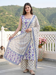 Purple And White Pure Cotton Straight Regular Kurta Set