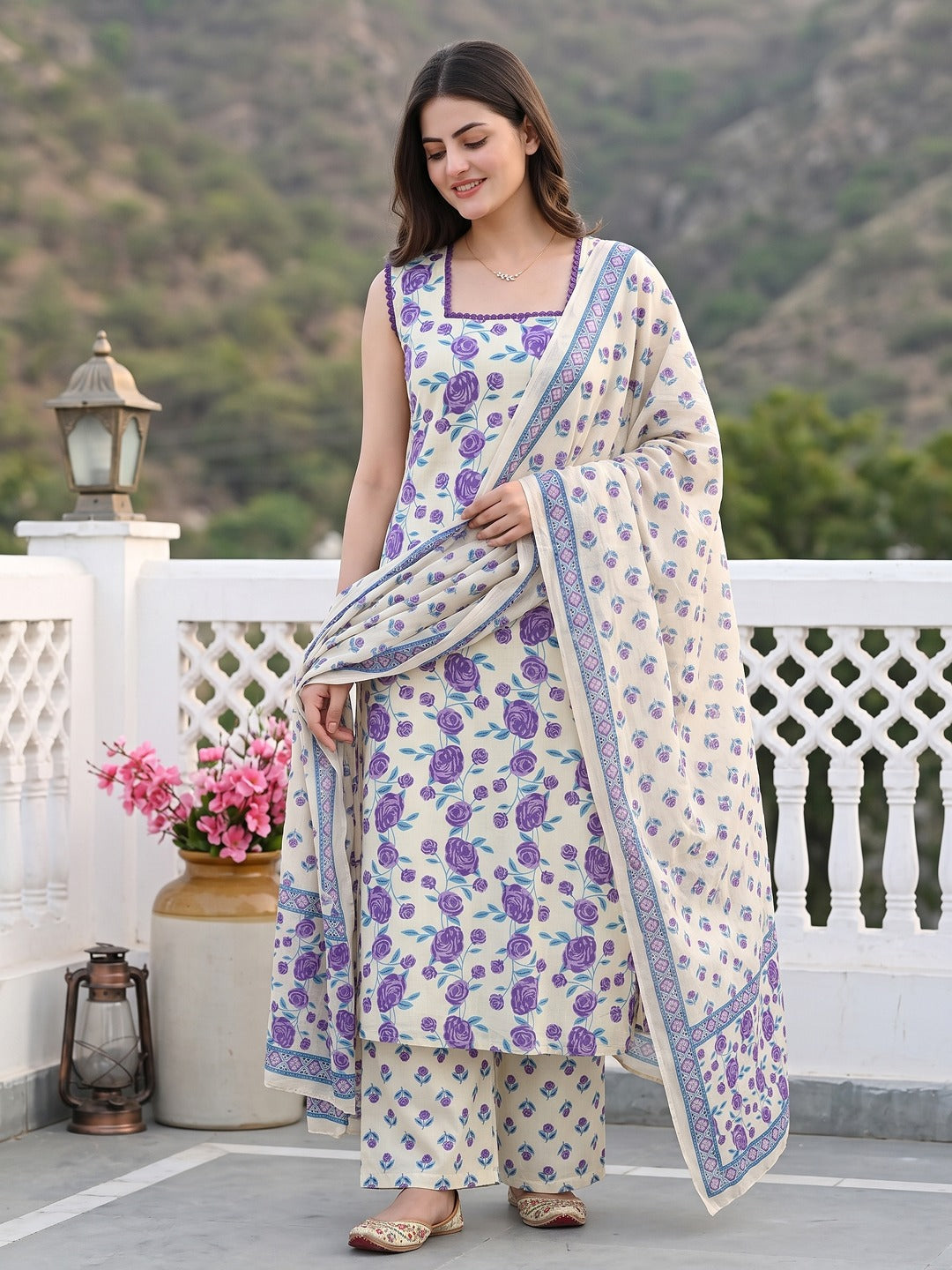 Purple And White Pure Cotton Straight Regular Kurta Set