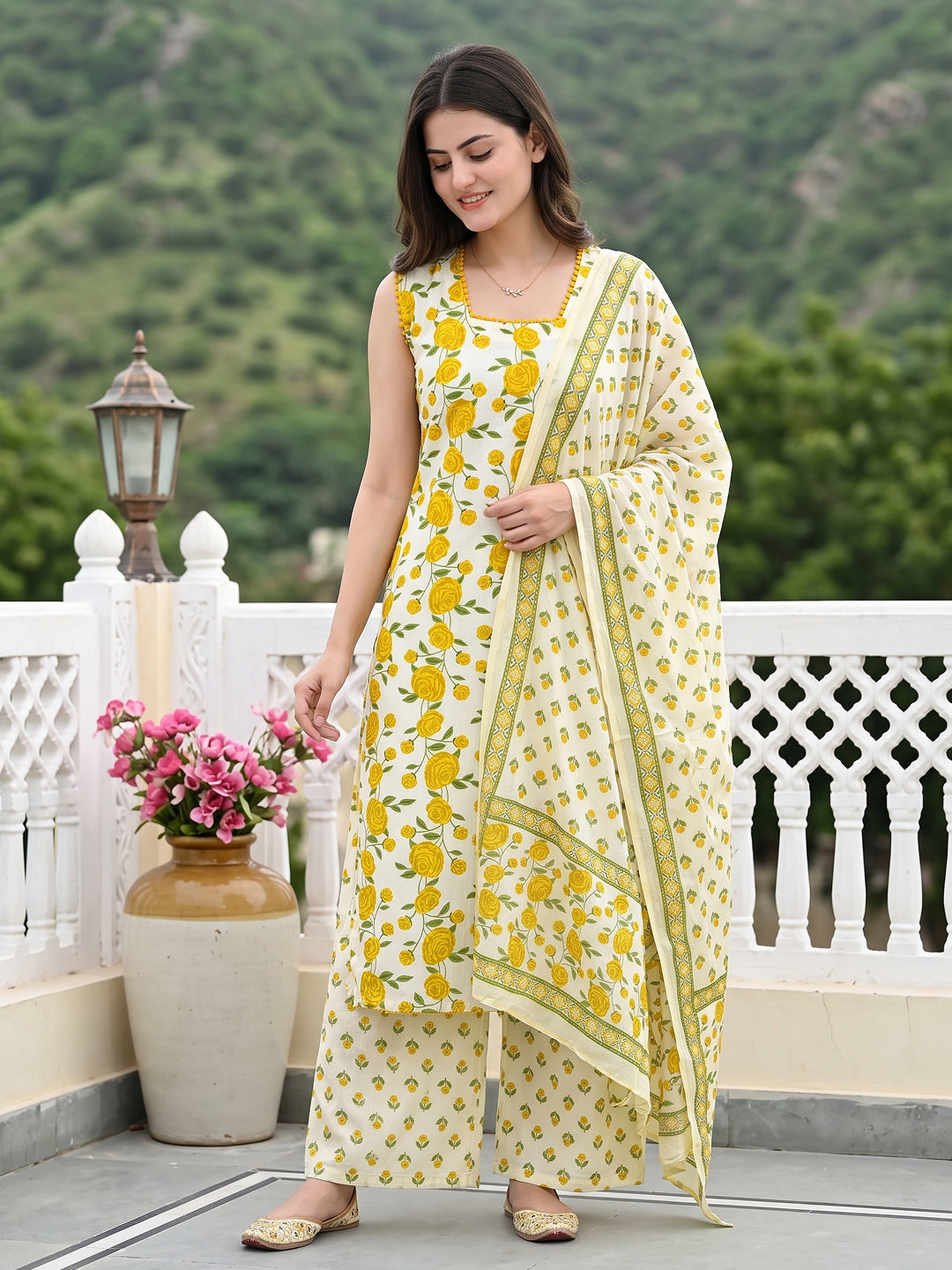 Yellow And White Pure Cotton Straight Regular Kurta Set