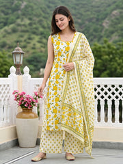 Yellow And White Pure Cotton Straight Regular Kurta Set