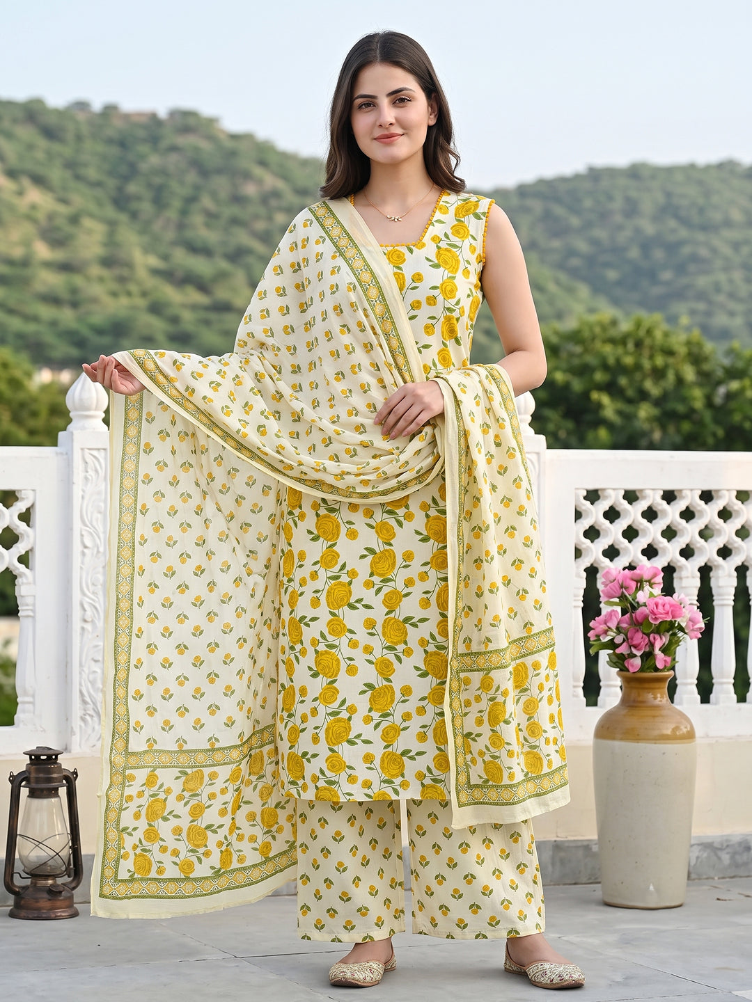 Yellow And White Pure Cotton Straight Regular Kurta Set