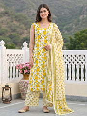 Yellow And White Pure Cotton Straight Regular Kurta Set