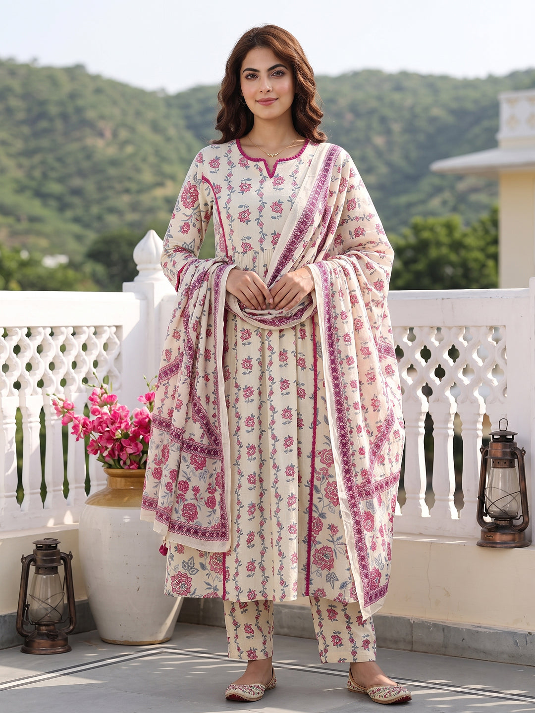 Mauve And Cream Pure Cotton A-line Regular Kurta Set