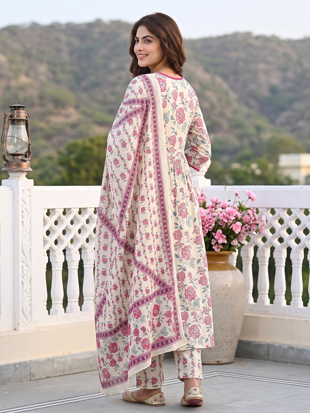 Mauve And Cream Pure Cotton A-line Regular Kurta Set