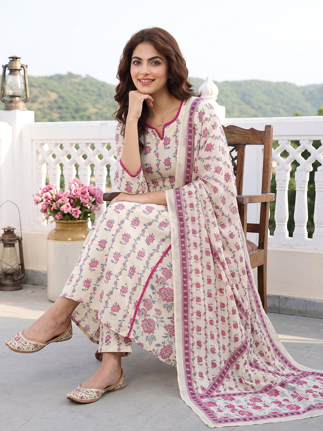 Mauve And Cream Pure Cotton A-line Regular Kurta Set