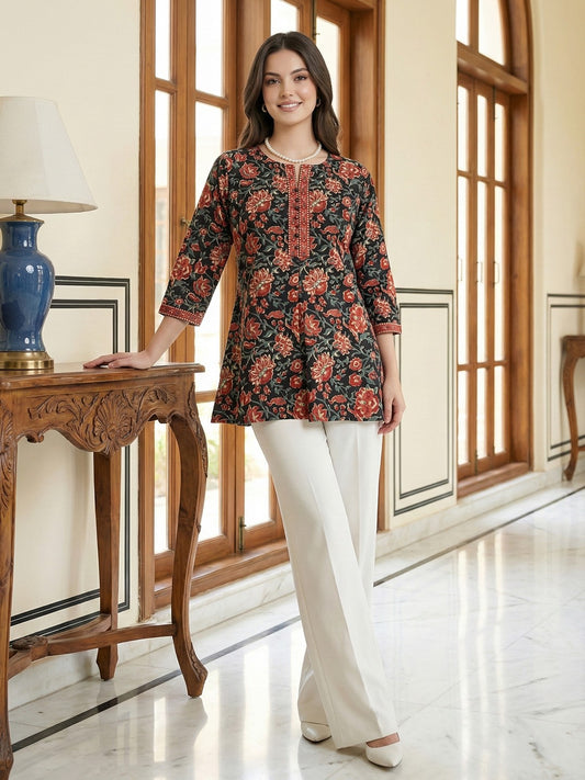 Jaitpuriya Black And Red Pure Cotton Peplum Regular Top