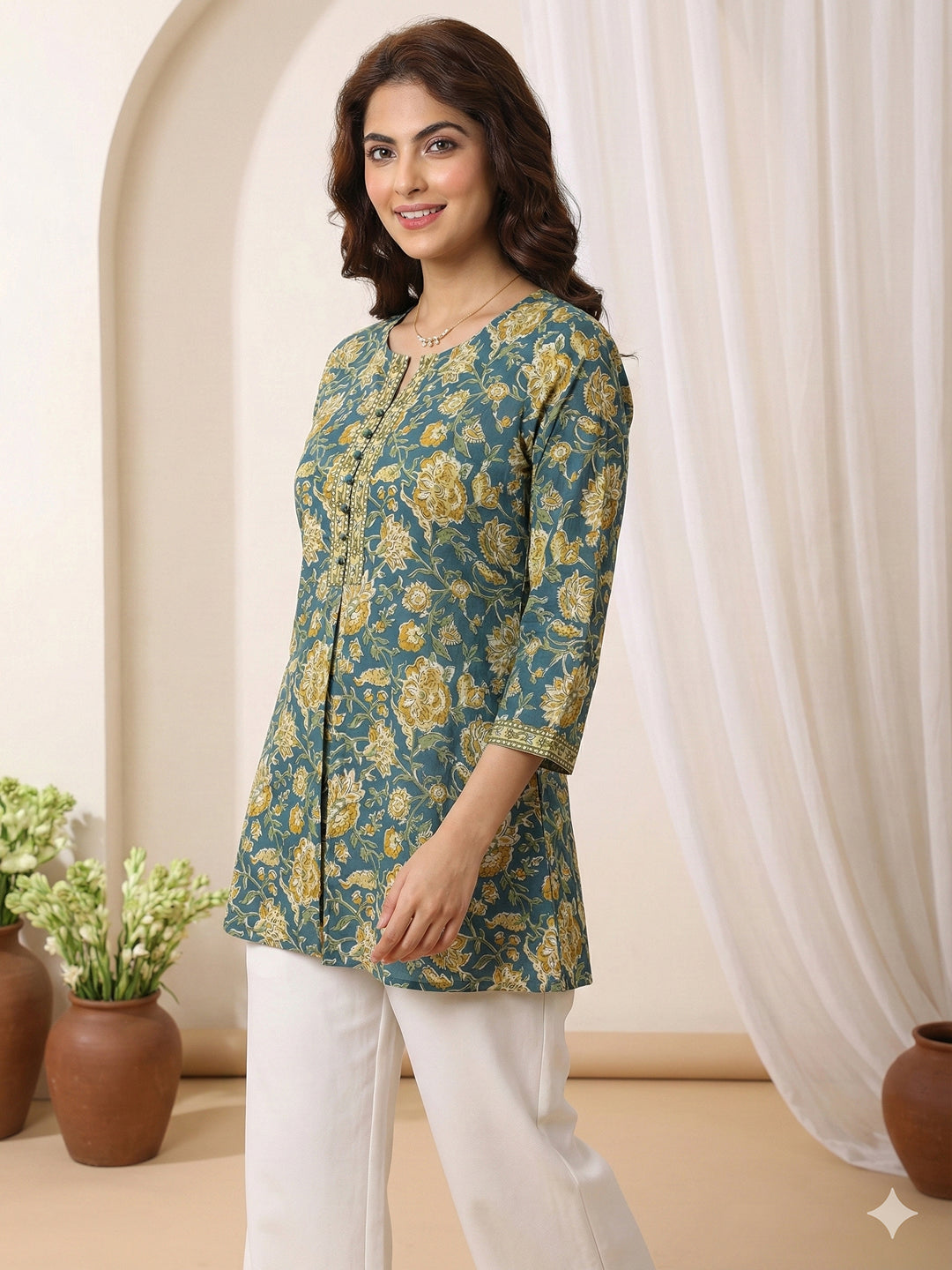 Jaitpuriya Teal And musterd Pure Cotton Peplum Regular Top