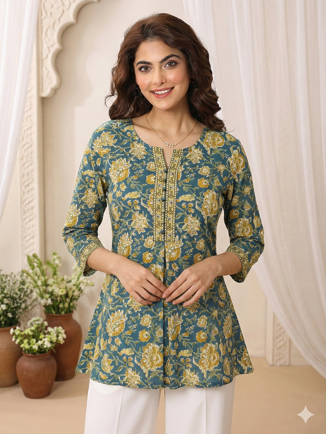 Jaitpuriya Teal And musterd Pure Cotton Peplum Regular Top