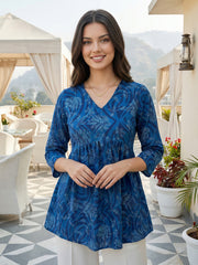 Jaitpuriya Blue Pure Cotton Peplum Gathered or Pleated Top