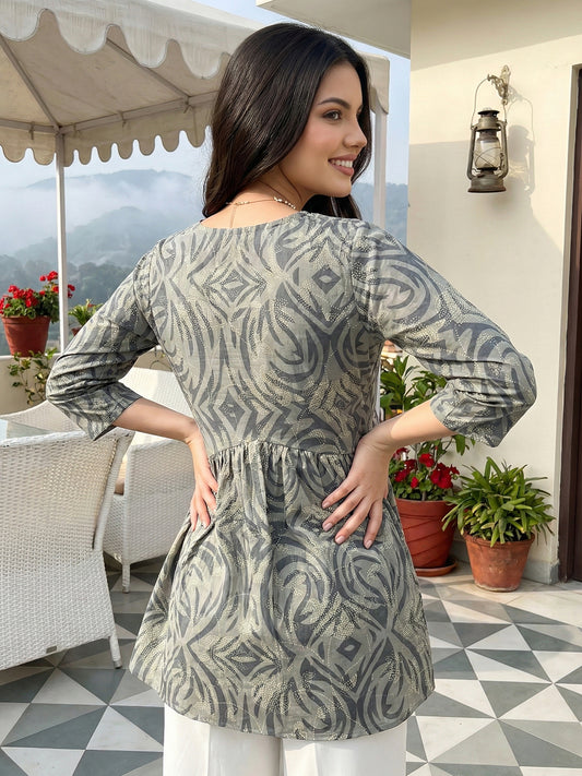 Jaitpuriya Grey Pure Cotton Peplum Gathered or Pleated Top