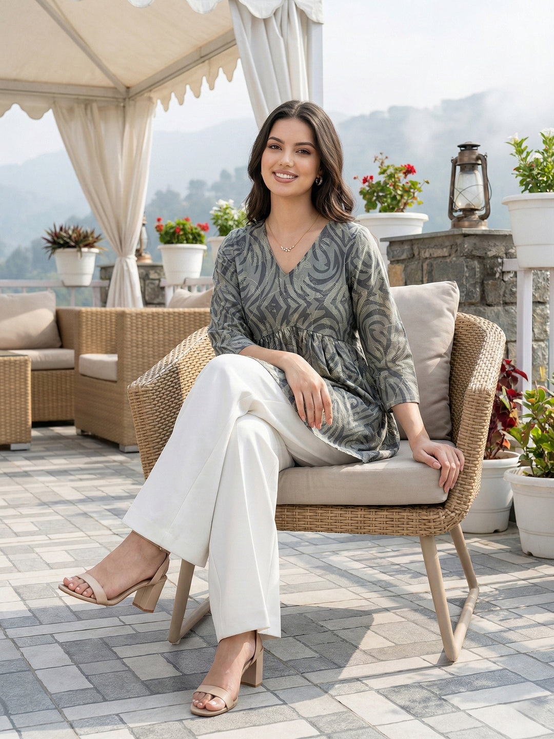 Jaitpuriya Grey Pure Cotton Peplum Gathered or Pleated Top