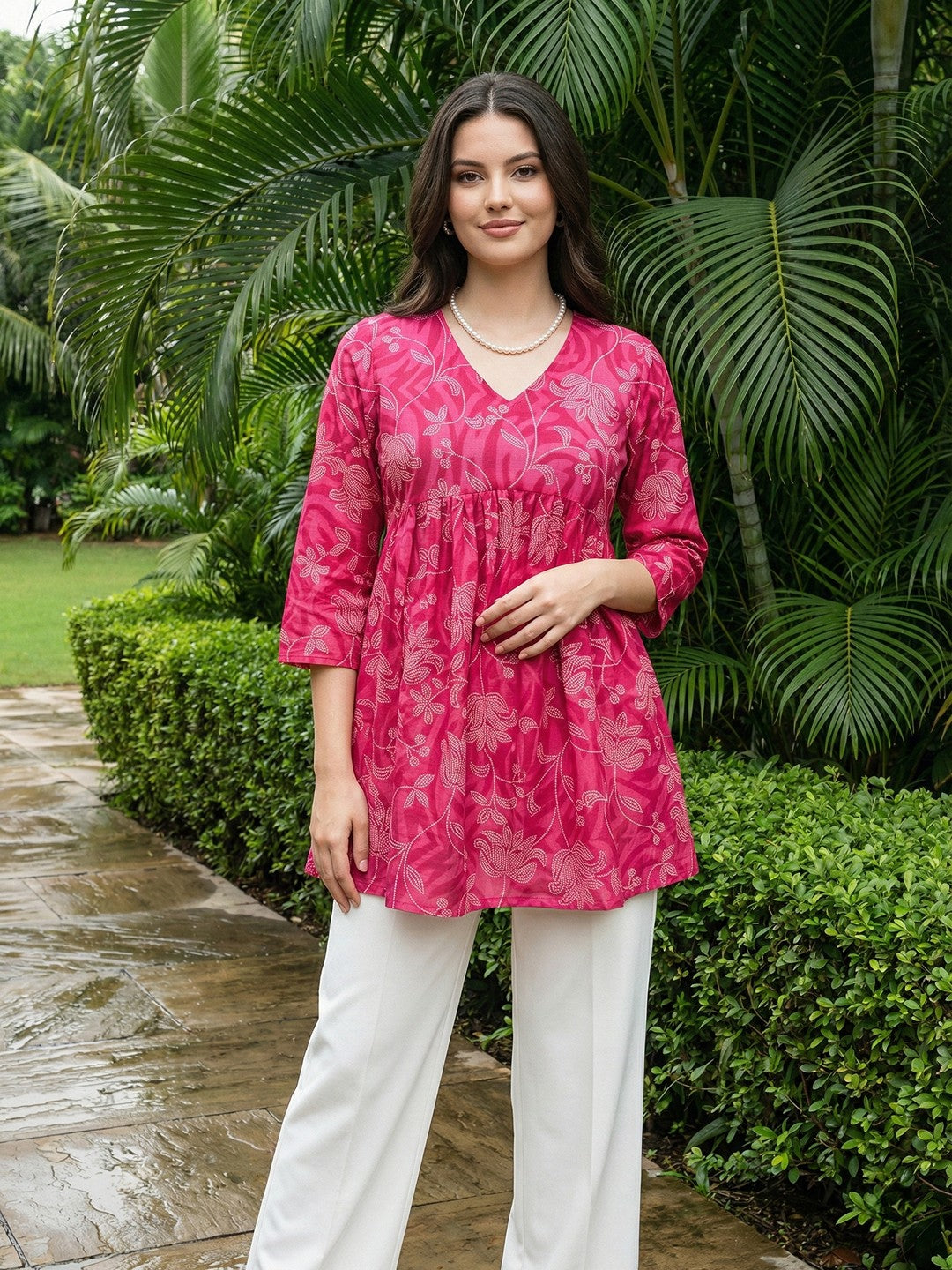 Jaitpuriya Pink Pure Cotton Peplum Gathered or Pleated Top