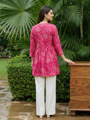 Jaitpuriya Pink Pure Cotton Peplum Gathered or Pleated Top