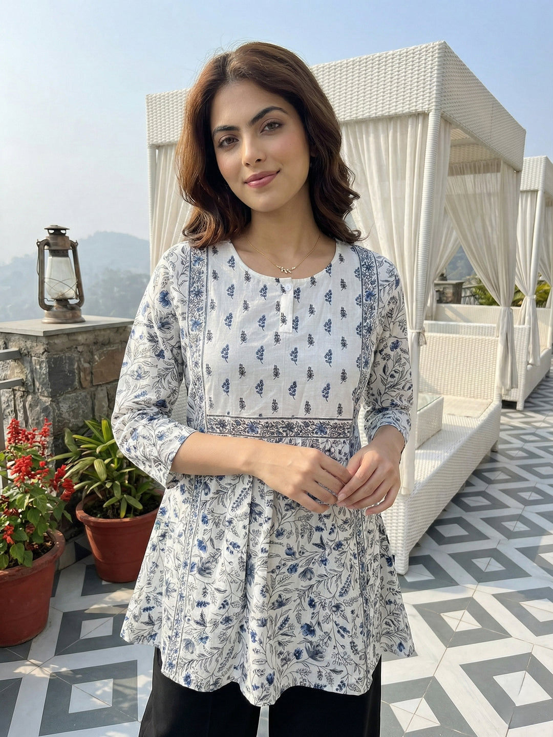Jaitpuriya Pink And White Pure Cotton Peplum Gathered or Pleated Top