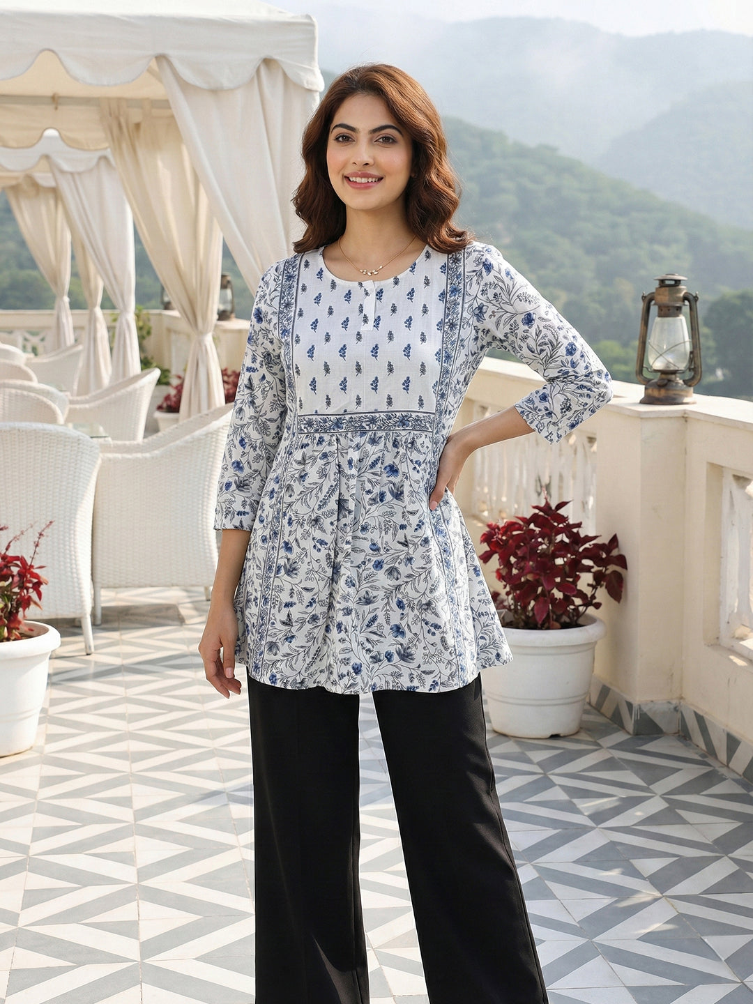 Jaitpuriya Pink And White Pure Cotton Peplum Gathered or Pleated Top