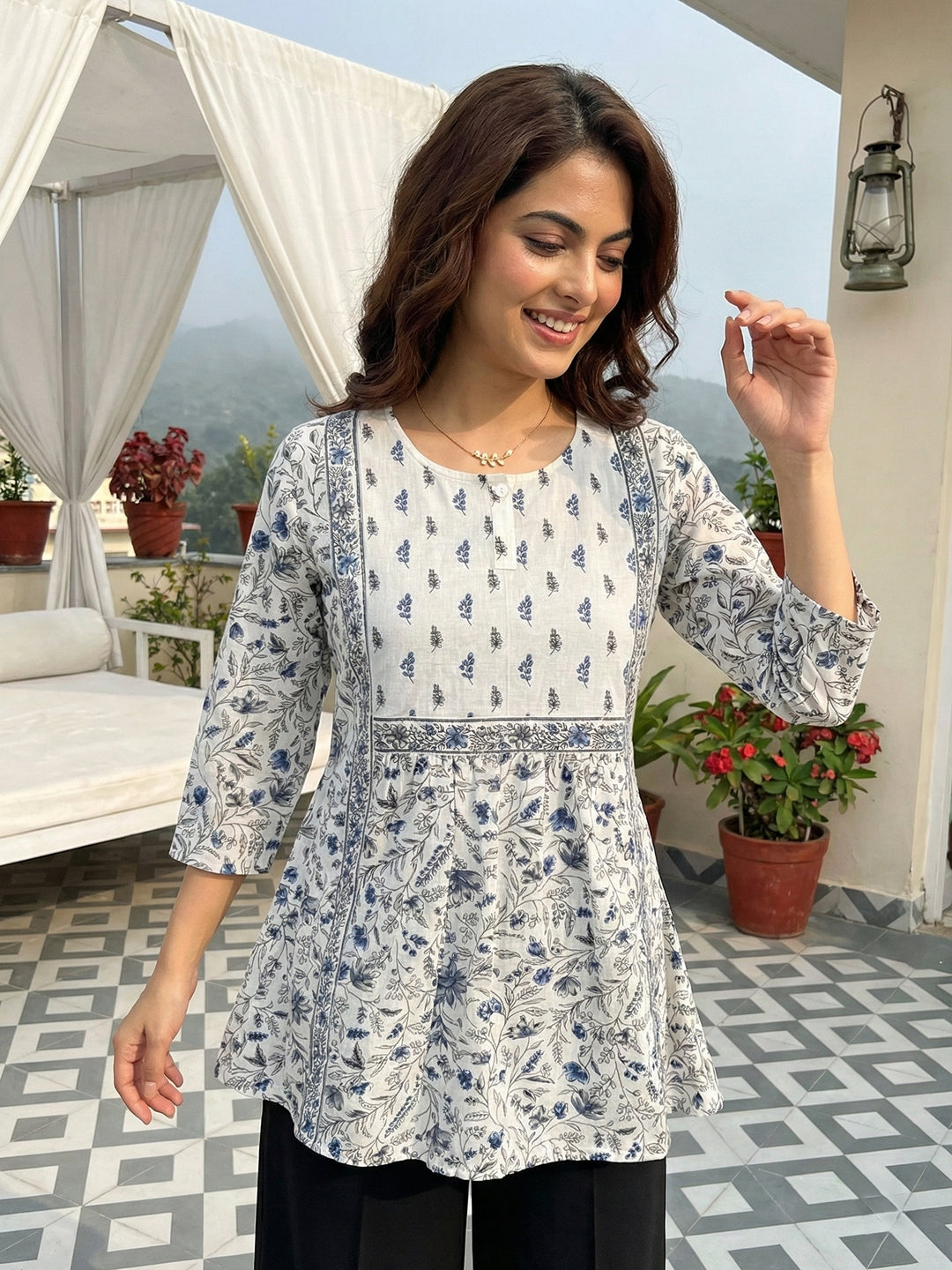 Jaitpuriya Pink And White Pure Cotton Peplum Gathered or Pleated Top