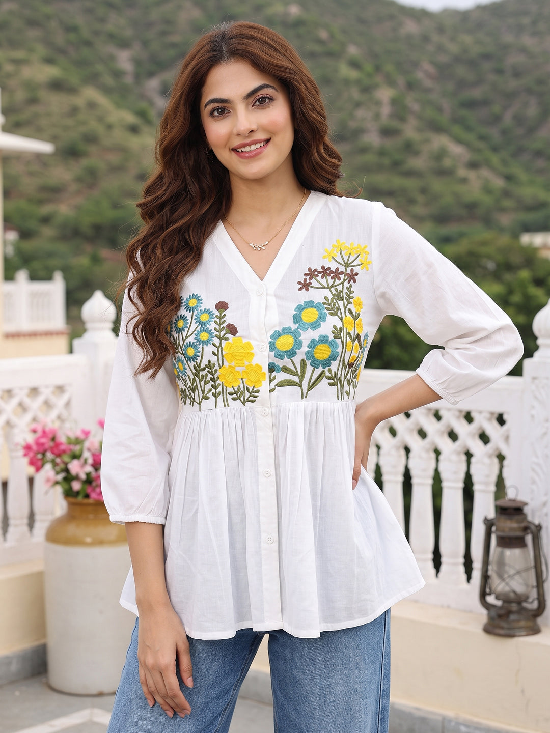 white Pure Cotton Peplum Gathered or Pleated Tierd Tops